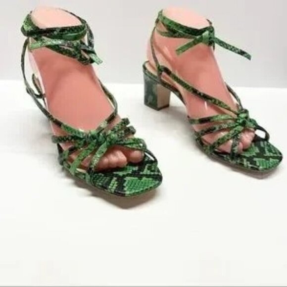 NWOB Loeffler Randall Libby Green Leather Snake Print Ankle Wrap Sandals/Sz. 5B - Picture 3 of 10